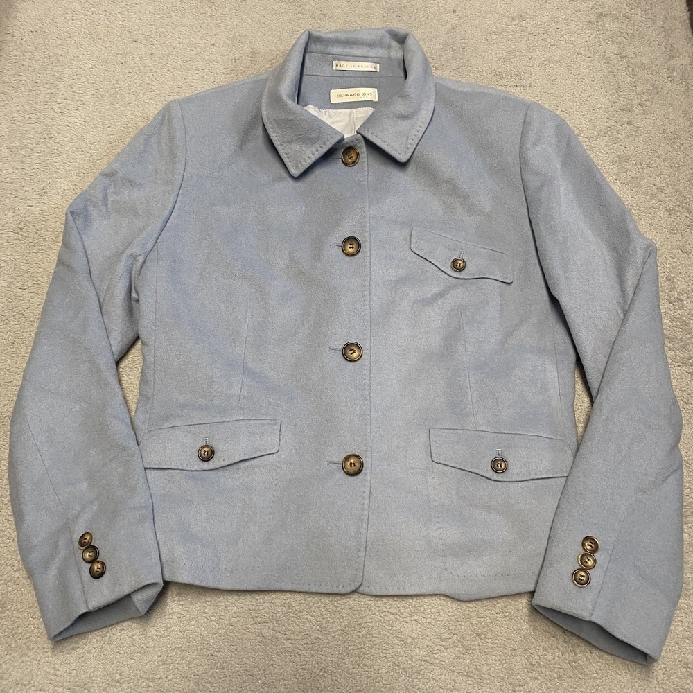 Bernard Zins Paris Wool Jacket Women 6 Light Blue Collared Pockets Luxury France